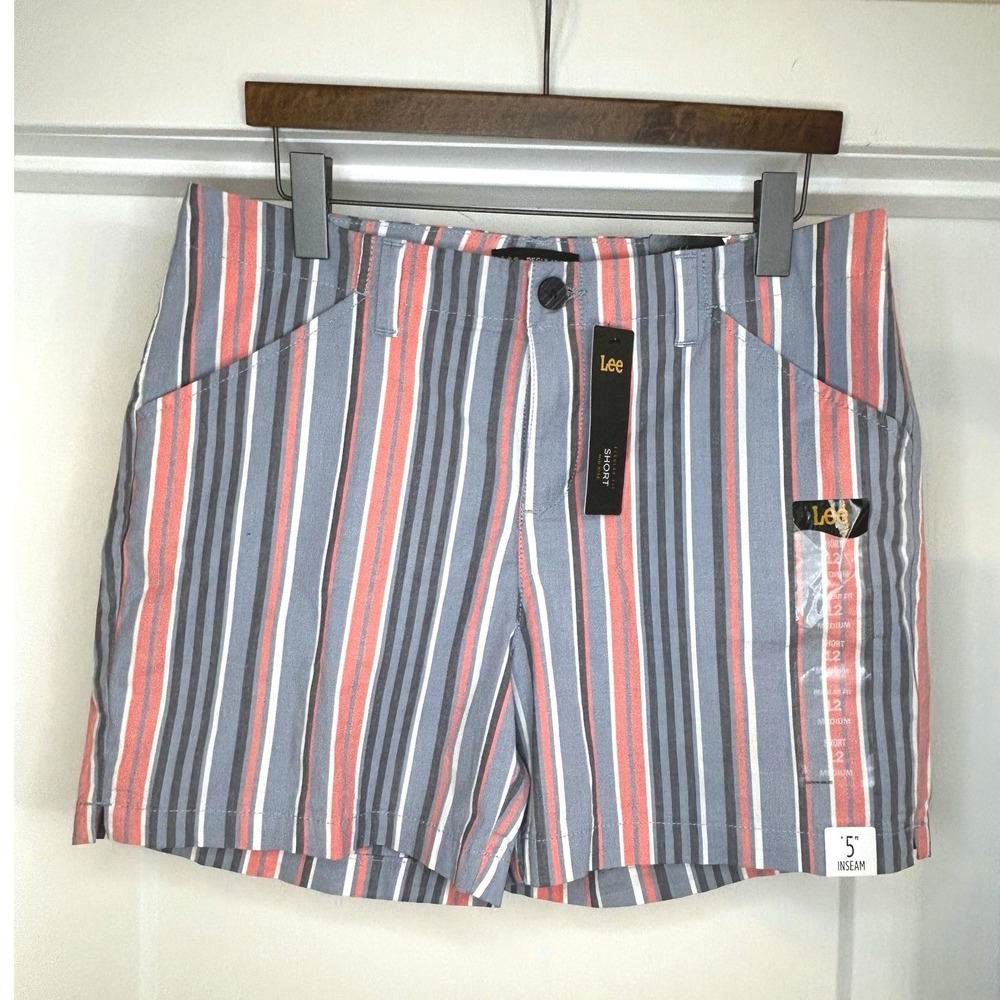 NEW Lee Womens Regular Fit Mid Rise Striped Shorts Blue Coral 12 Medium 4622093